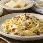 Classic fettuccine carbonara dish