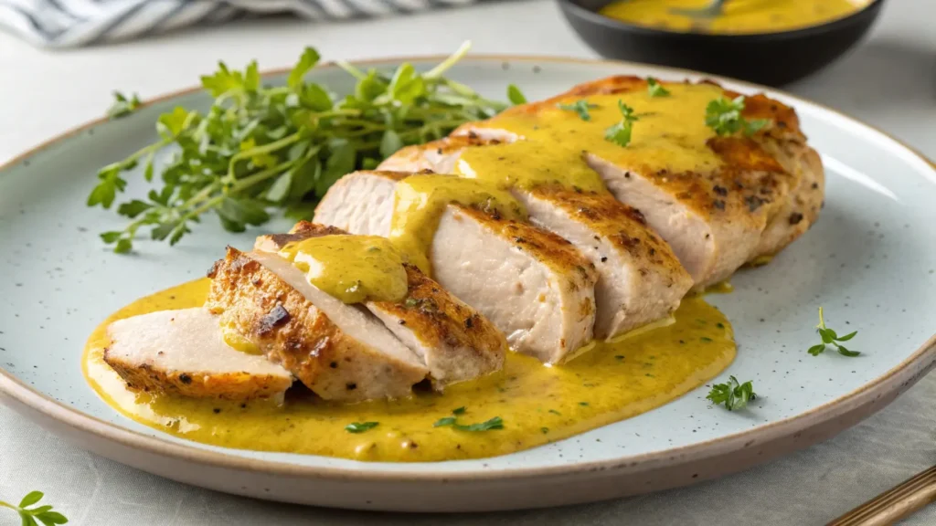 Cooked mustard chicken plated