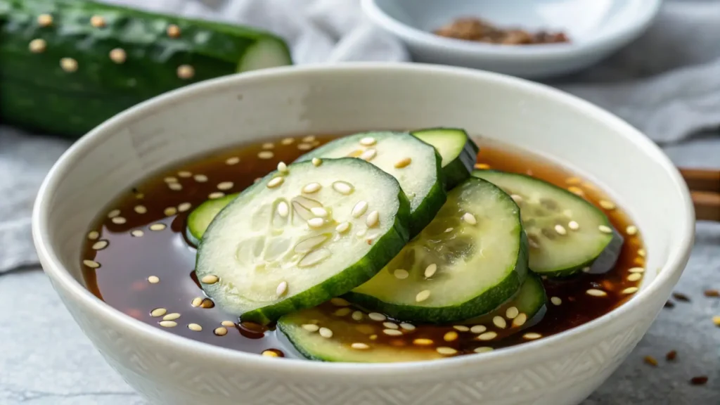 cucumbers in bowl with marinade