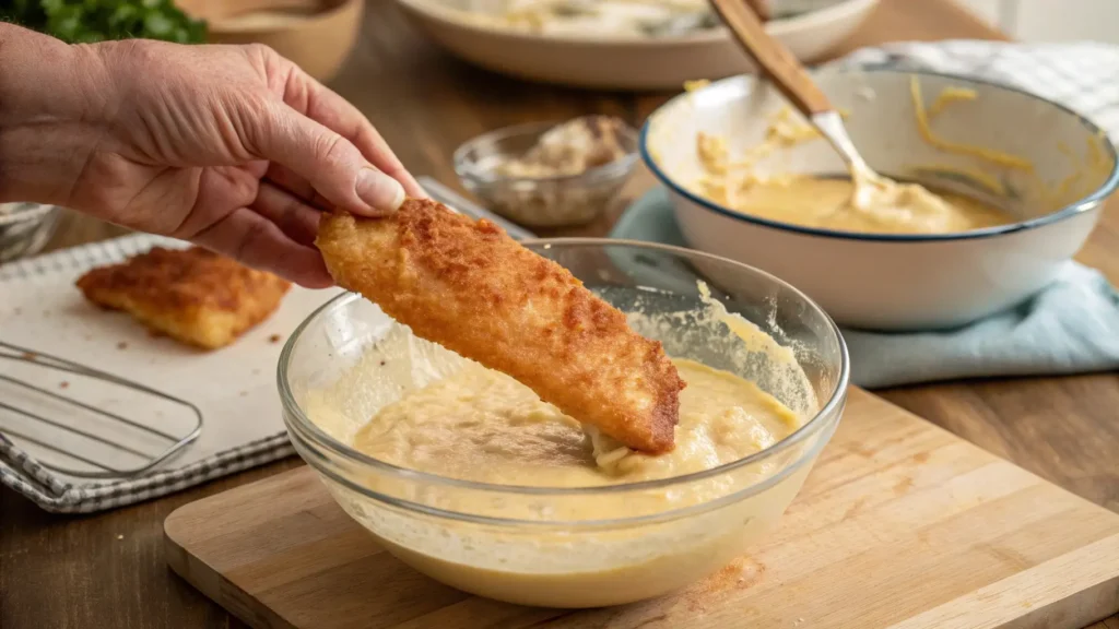 Dipping fish fillets into homemade batter