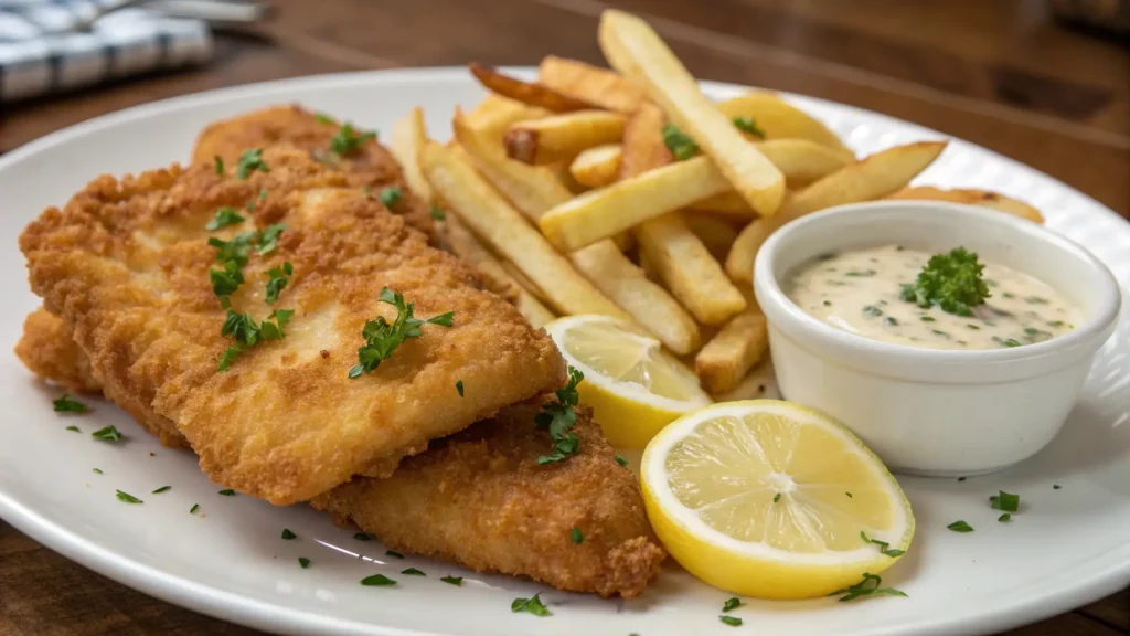 Golden crispy fried fish on a plate with sides