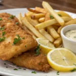 Golden crispy fried fish on a plate with sides