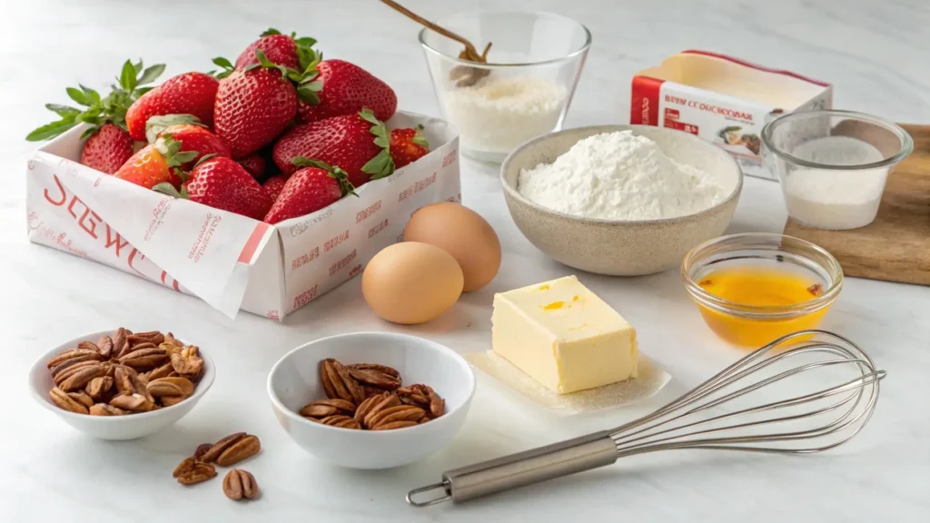 Key ingredients for strawberry earthquake cake