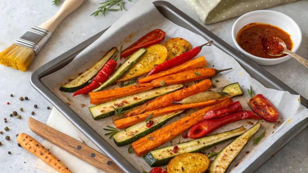 Roasted vegetables on a baking tray