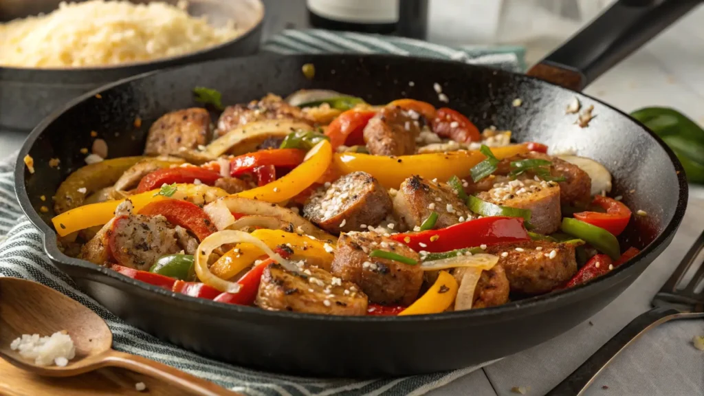 Sausage and vegetables in skillet