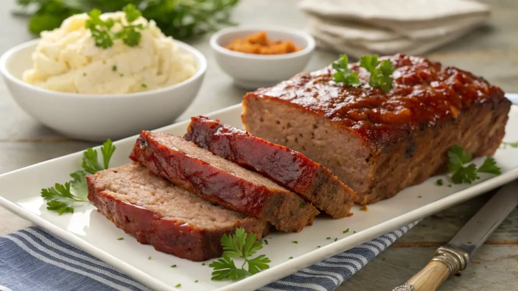 Sliced meatloaf with sides