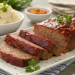 Sliced meatloaf with sides