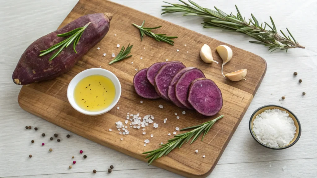 Sliced murasaki sweet potatoes with ingredients