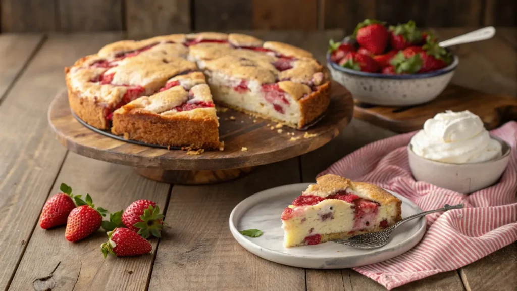 Sliced strawberry earthquake cake