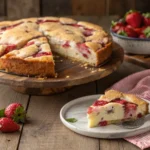 Sliced strawberry earthquake cake