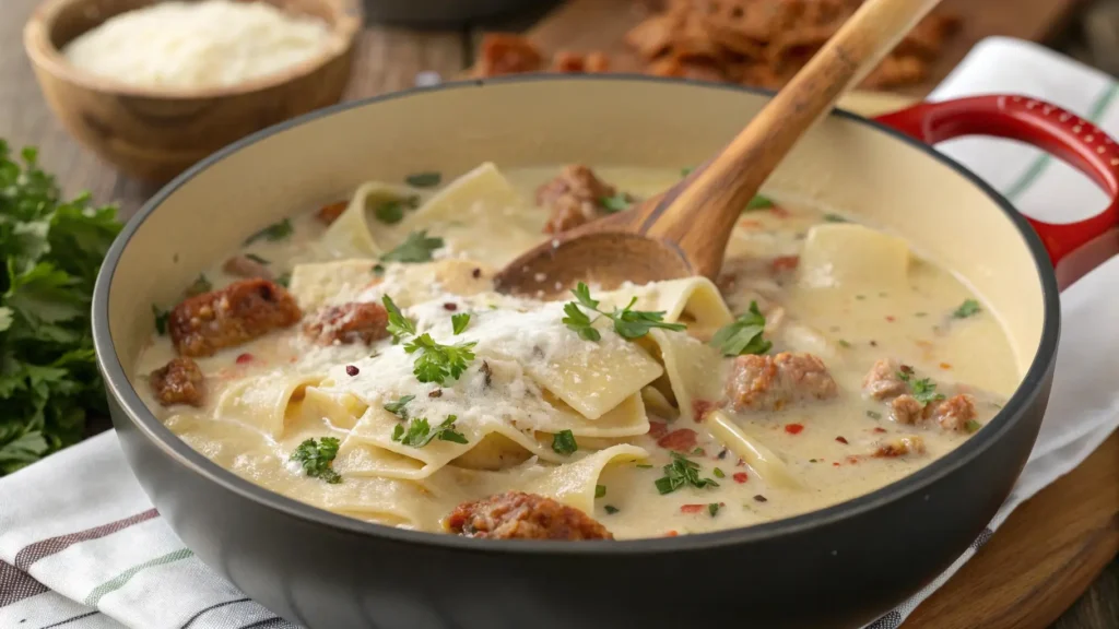 stirring creamy Alfredo lasagna soup