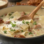 stirring creamy Alfredo lasagna soup