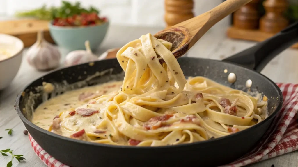 Tossing pasta in carbonara sauce