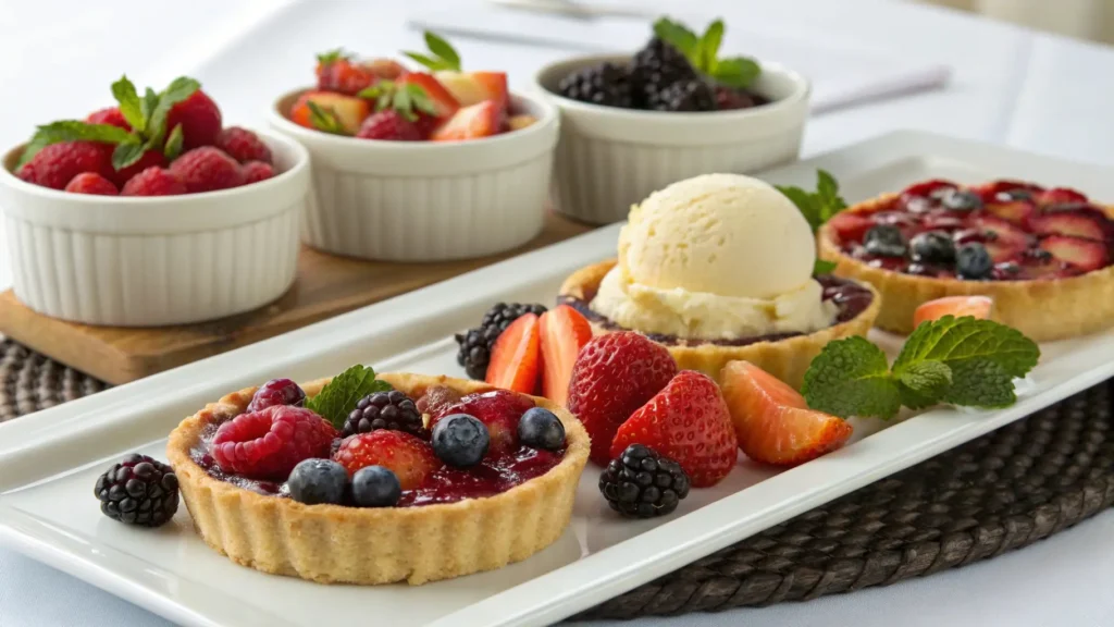 A variety of desserts, including fruit tarts and ice cream