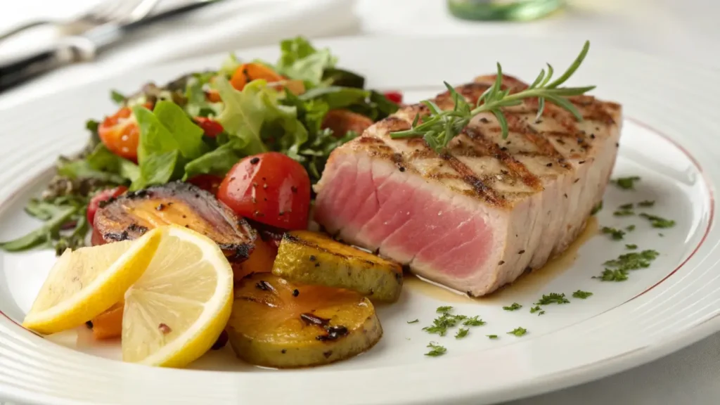 A plated tuna steak with fresh sides