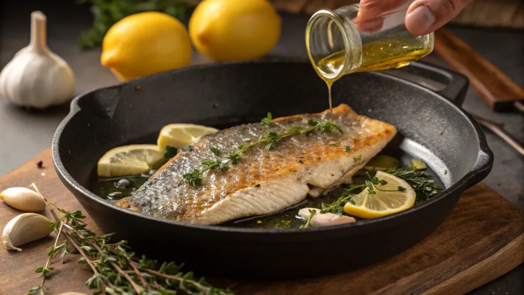 Branzino fillet cooking in a pan with herbs and garlic