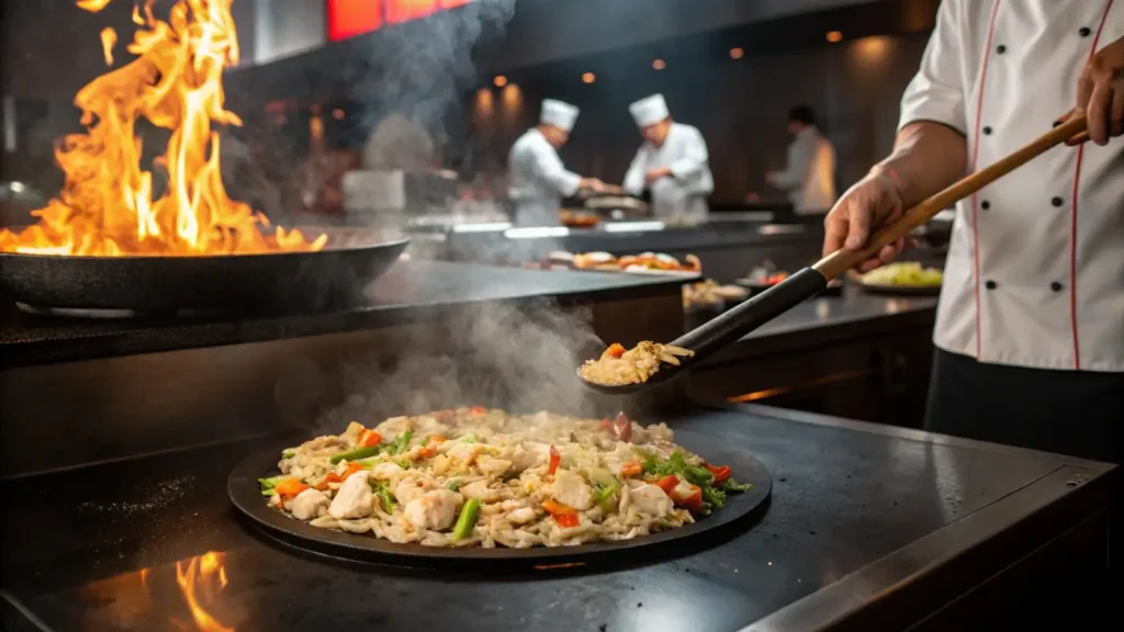 Chef stir-frying Benihana chicken fried rice on a hibachi grill
