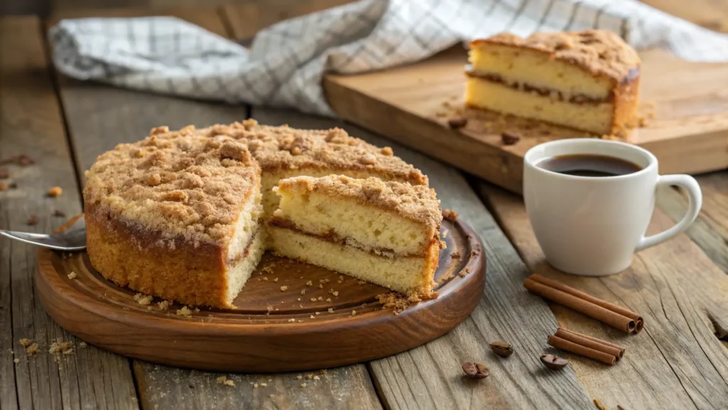 Classic coffee cake with streusel topping on a plate