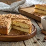 Classic coffee cake with streusel topping on a plate