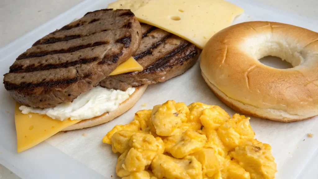 Close-up of the components for the Steak Egg and Cheese Bagel