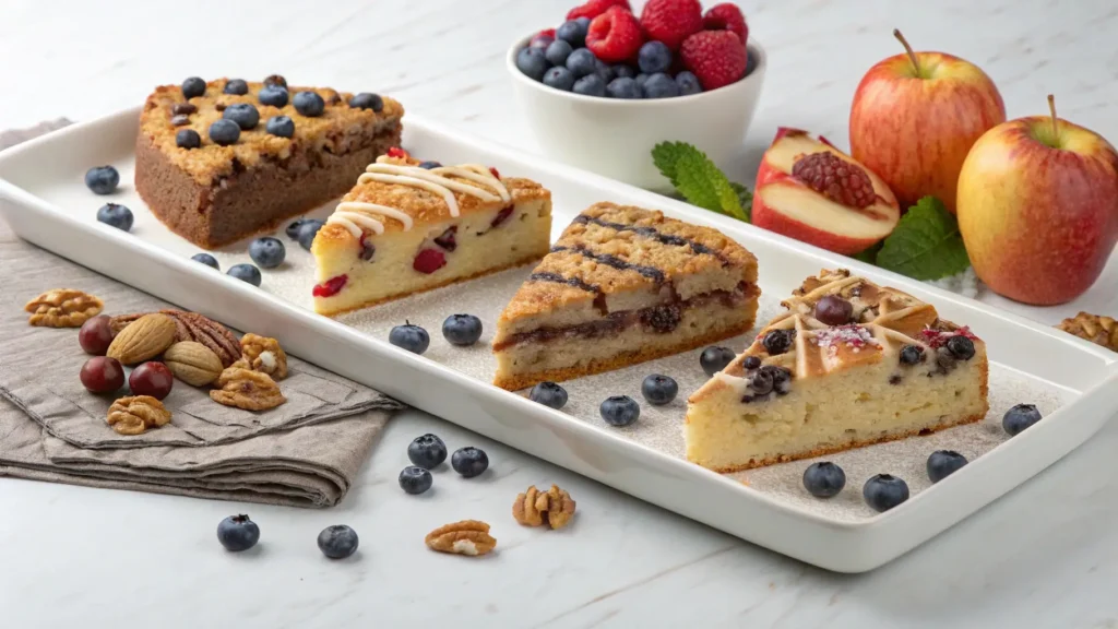 Different coffee cake variations on a serving platter