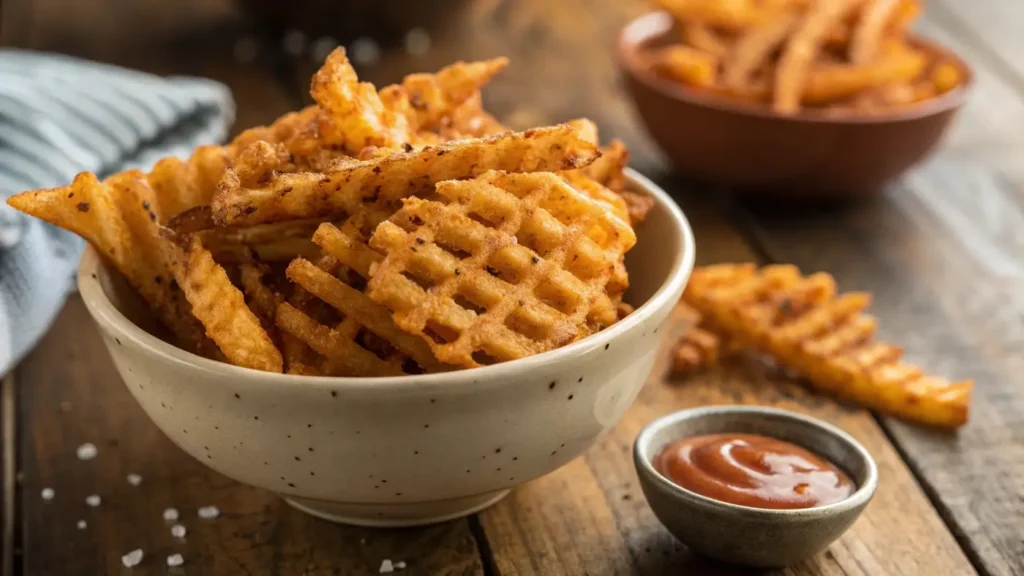 Crispy sweet potato waffle fries in a bowl.