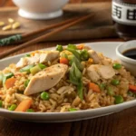 Finished plate of Benihana chicken fried rice with soy sauce and garnish