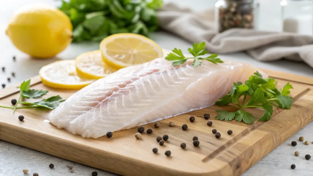 Fresh raw branzino fillet on a wooden board