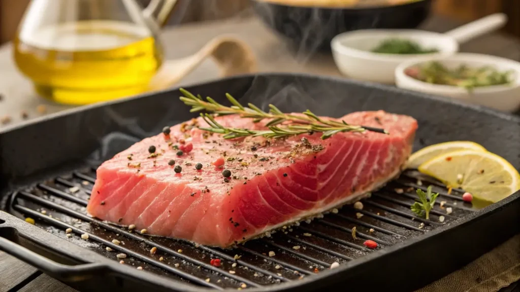 Fresh tuna steak on a grill with seasoning