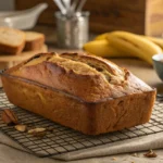 Freshly baked banana bread loaf on a cooling rack