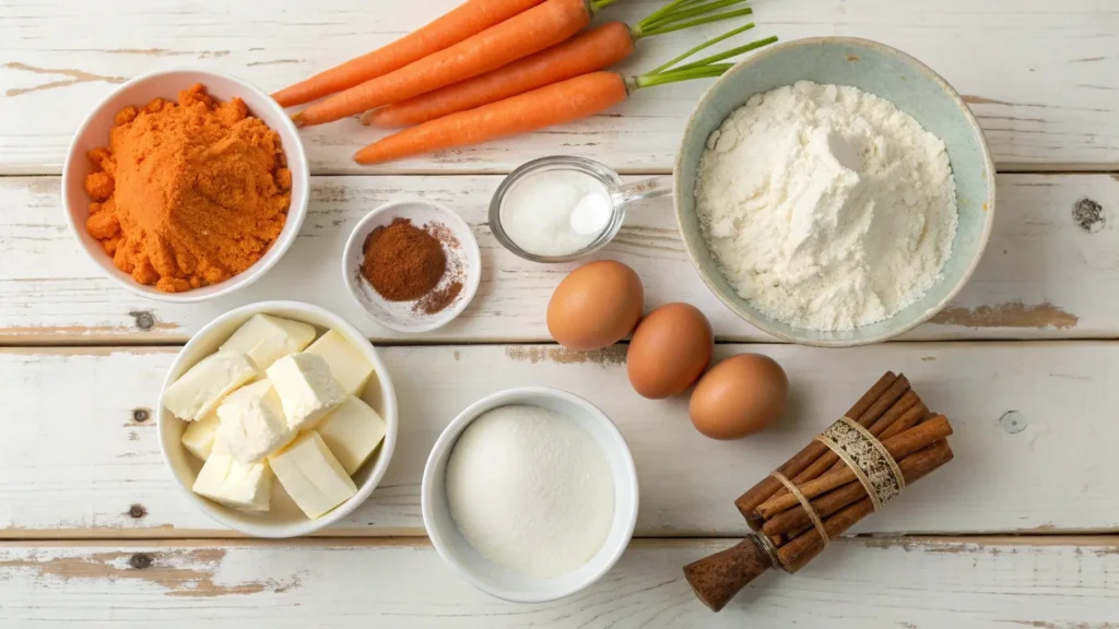 Ingredients for carrot cake with cream cheese frosting