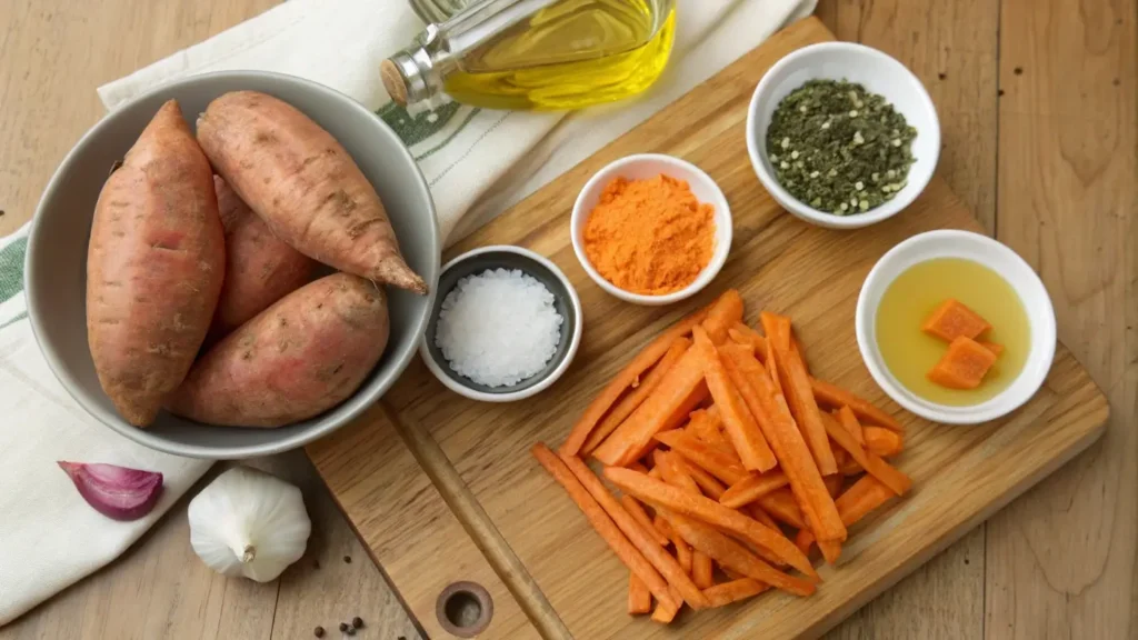 Ingredients for sweet potato waffle fries on a countertop.