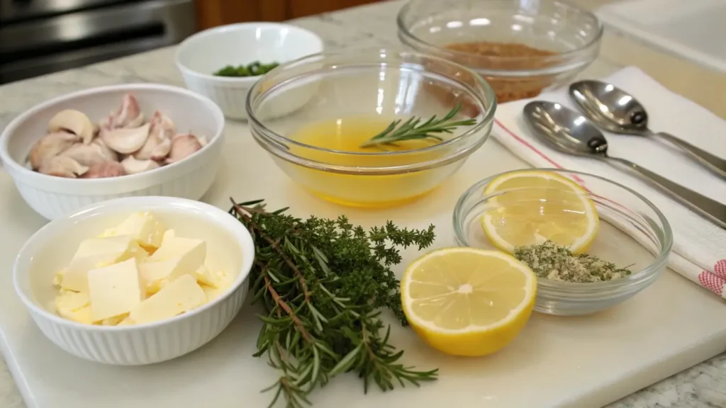 Turkey injection marinade ingredients in bowls