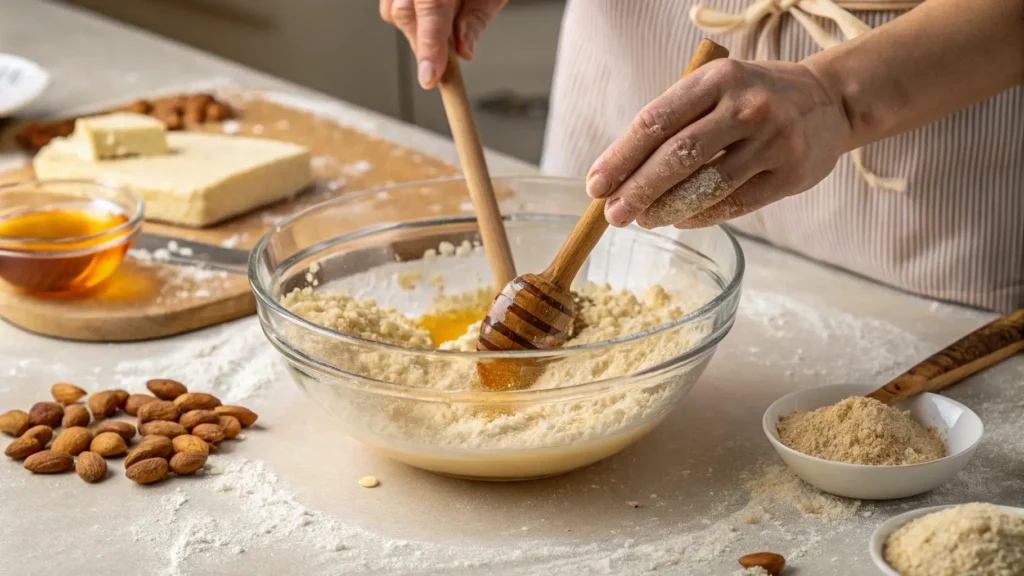 Mixing almond flour and honey for Ricciarelli dough