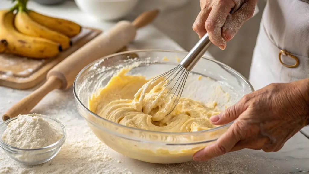 Mixing banana bread batter in a bowl