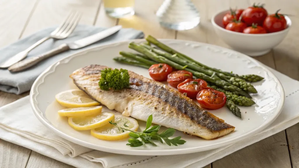 Plated branzino fillet with roasted vegetables