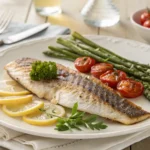 Plated branzino fillet with roasted vegetables