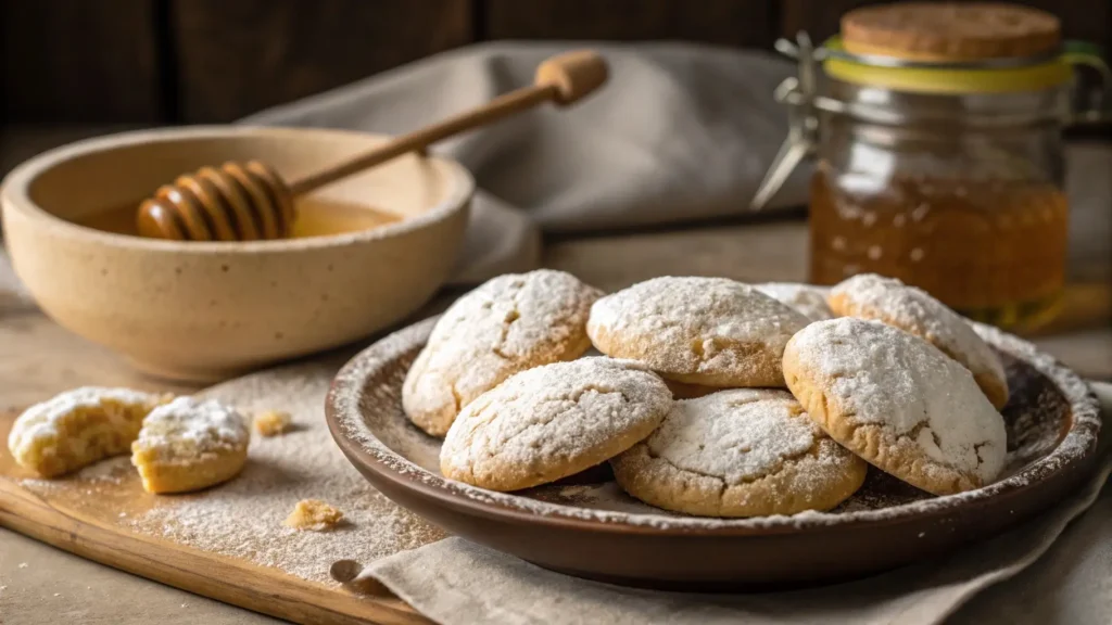 Ricciarelli with honey cookies on a rustic plate