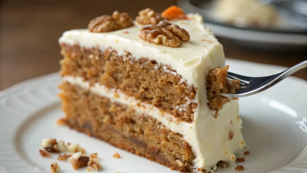 Slice of carrot cake with cream cheese frosting on a fork