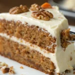 Slice of carrot cake with cream cheese frosting on a fork