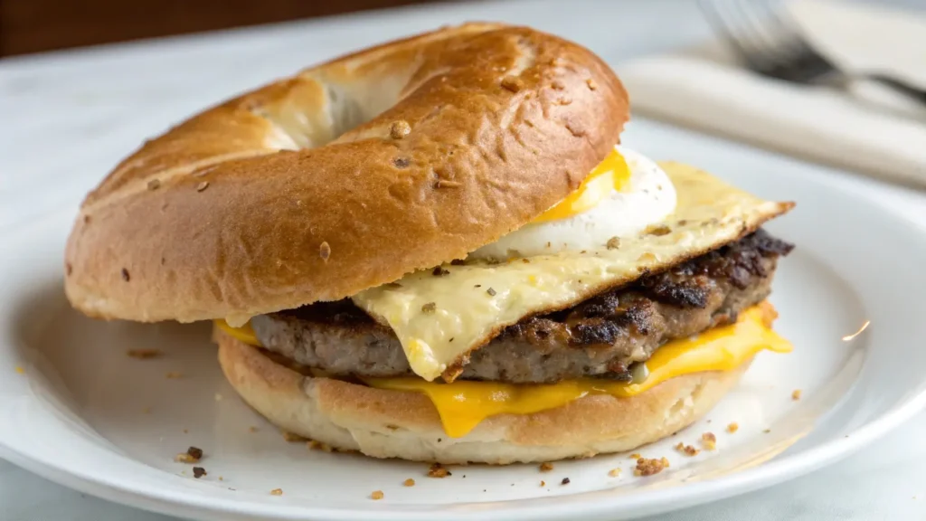 Steak Egg and Cheese Bagel served on a plate