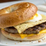 Steak Egg and Cheese Bagel served on a plate