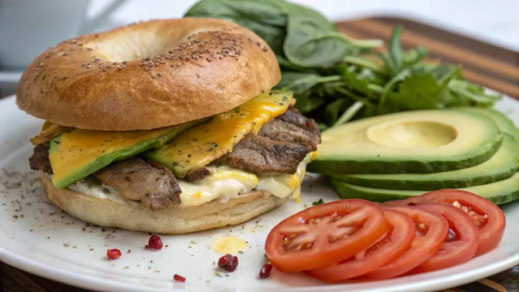 Steak Egg and Cheese Bagel being served with a side of fresh vegetables