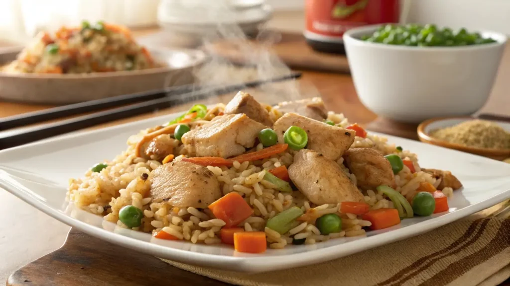 Stir-fried Benihana chicken fried rice on a plate with vegetables