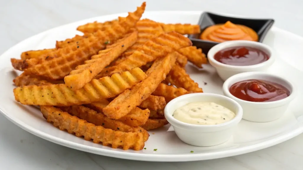 Sweet potato waffle fries with dipping sauces.