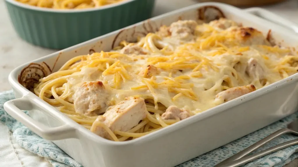 Cheesy chicken spaghetti in a casserole dish