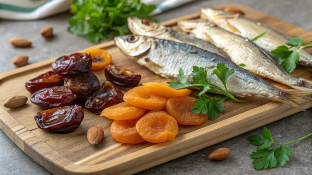 Close-up of dried fruit and fish on a cutting board