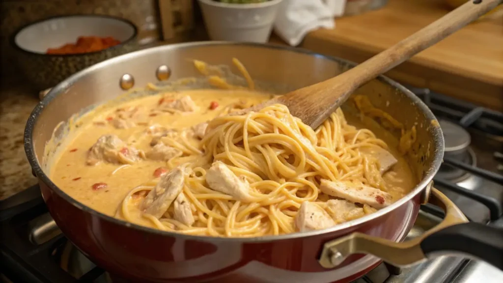 Cooking cheesy chicken spaghetti in a pot