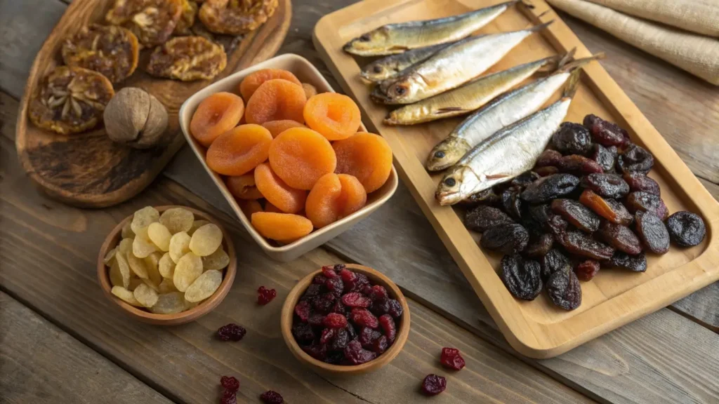 Dried fruit and fish combination on a wooden table