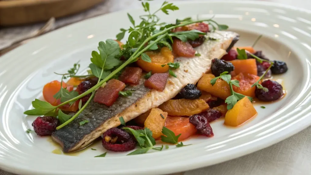 Dried fruit and fish meal on a plate with herbs